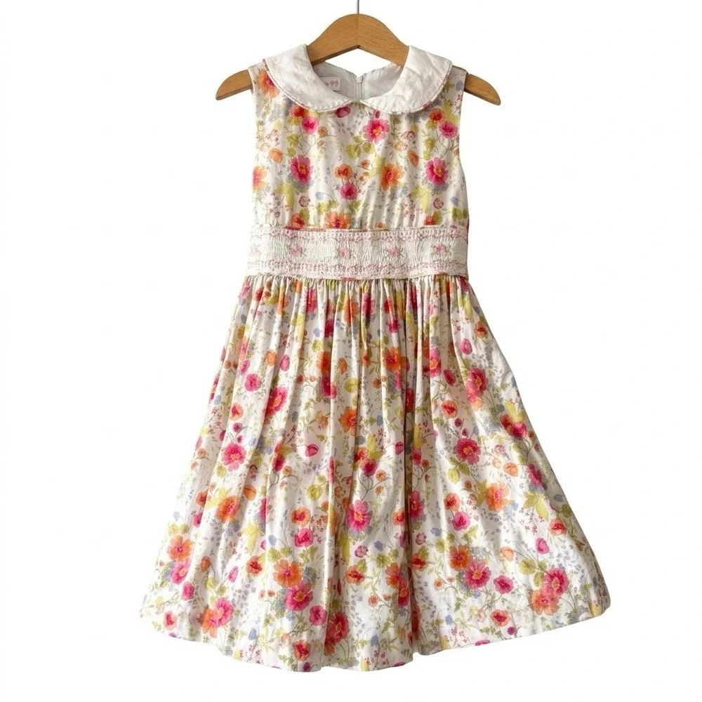 Bonnie‎ Jean Girls Dress Floral Smocked Peter Pan Collar Size 6 Church Easter